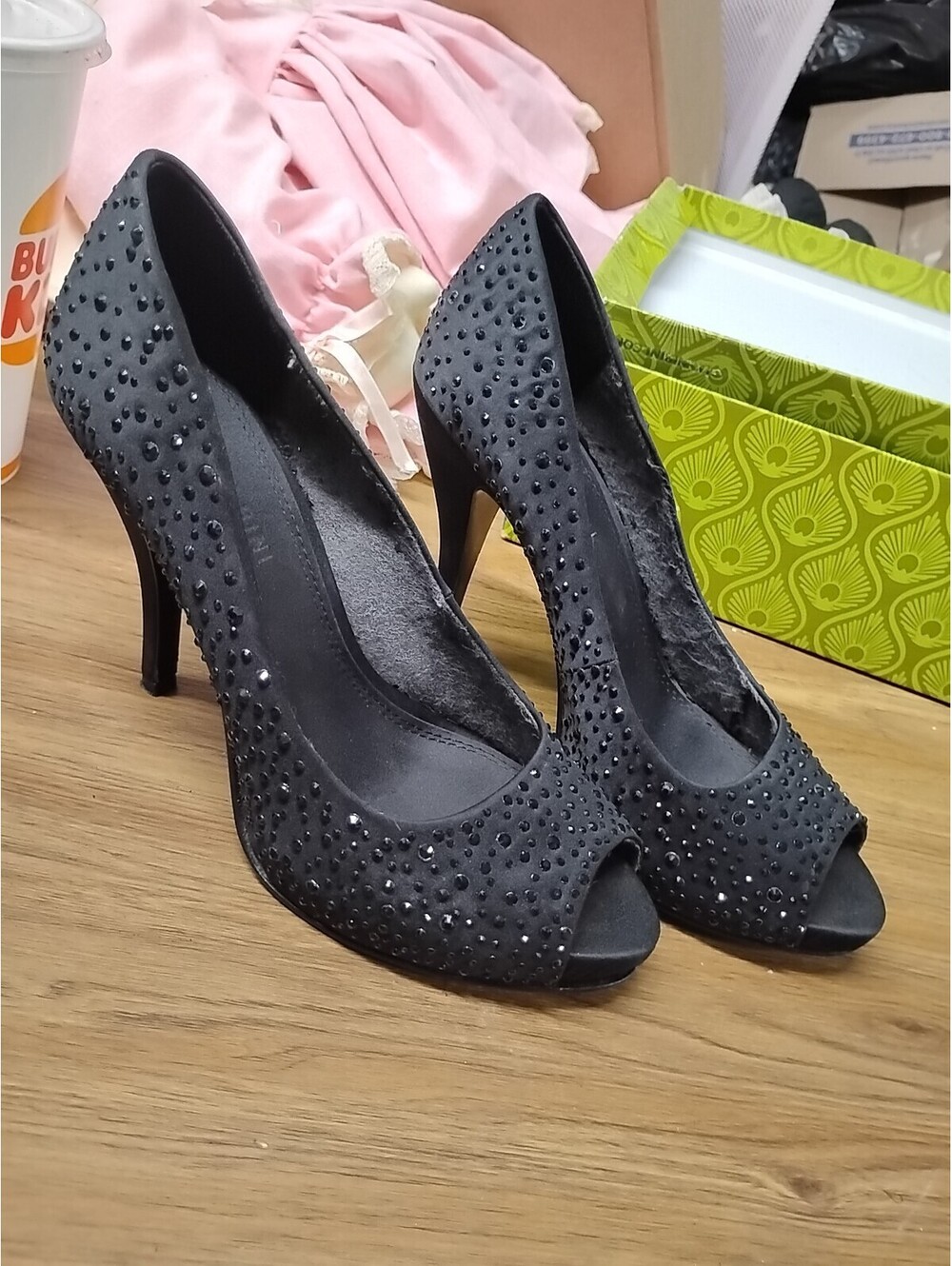 gianni bini Marilyn002 Black heels Size 7, Rhinestone Peep Toe